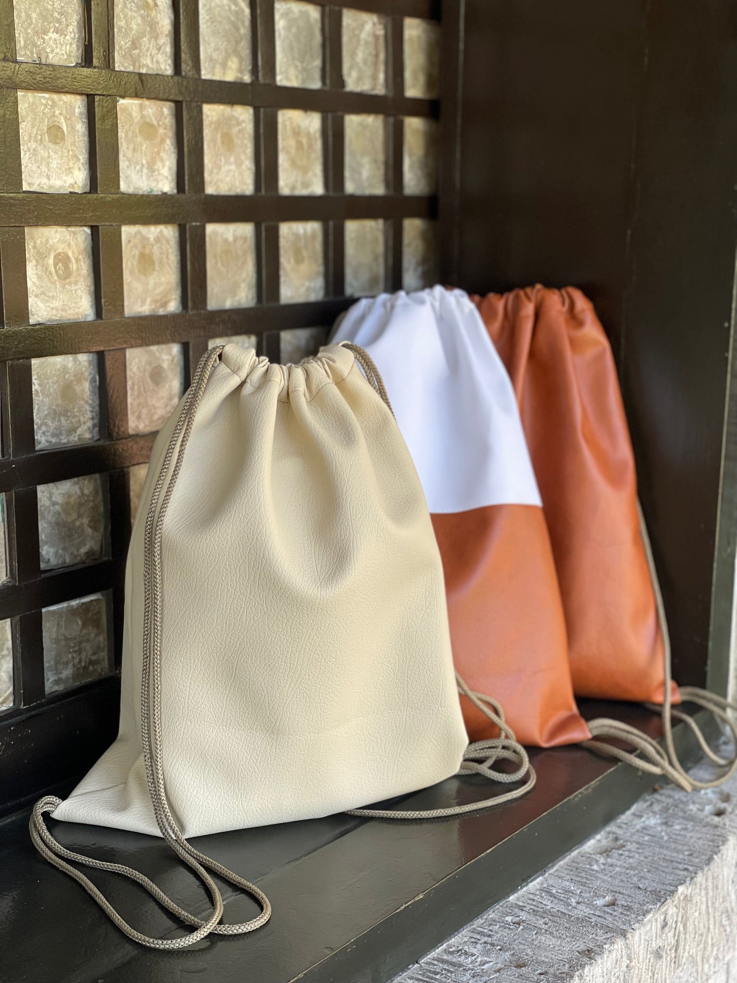 Cream Linen Drawstring Bag